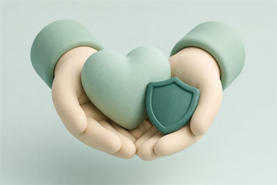 Soft pastel illustration of open hands holding a heart and a small shield