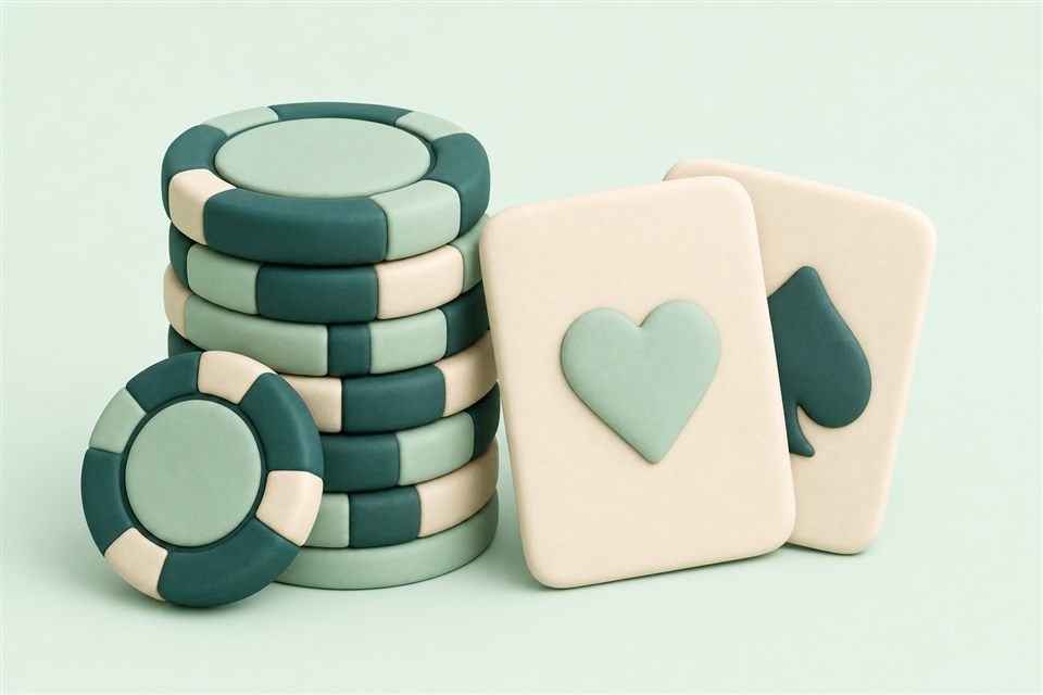 Soft pastel illustration of stacked casino chips beside two playing cards