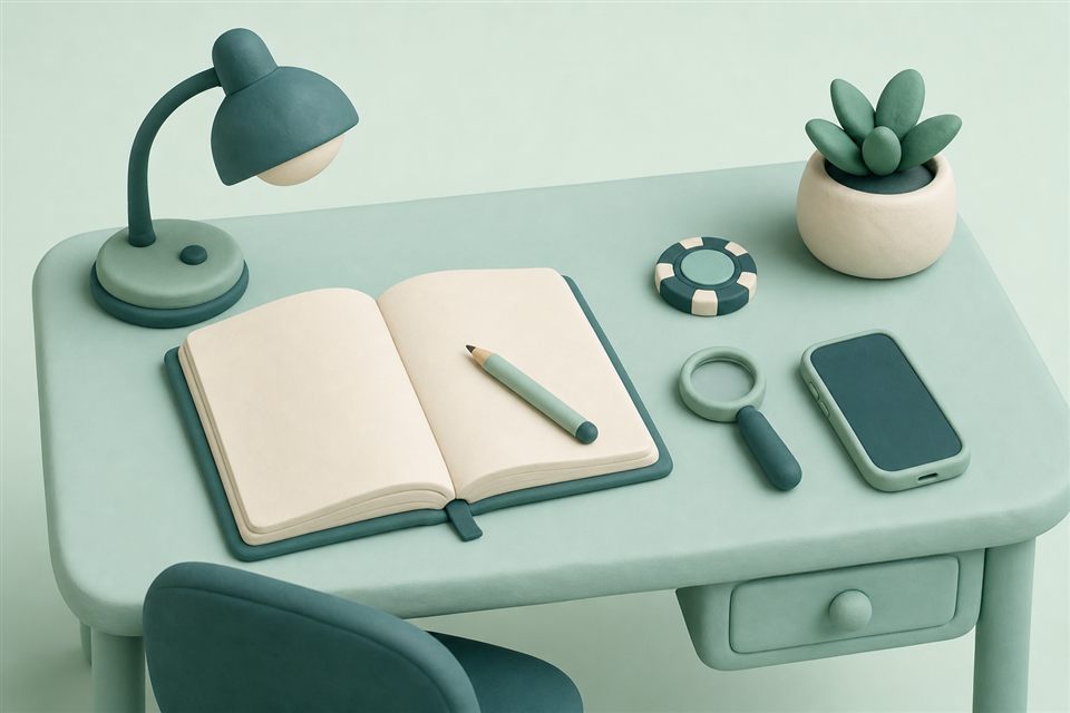 Soft pastel illustration of a tidy desk with an open notebook, magnifier, phone and a single casino chip