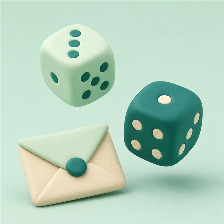 Soft pastel illustration of two rounded dice tumbling beside a small envelope