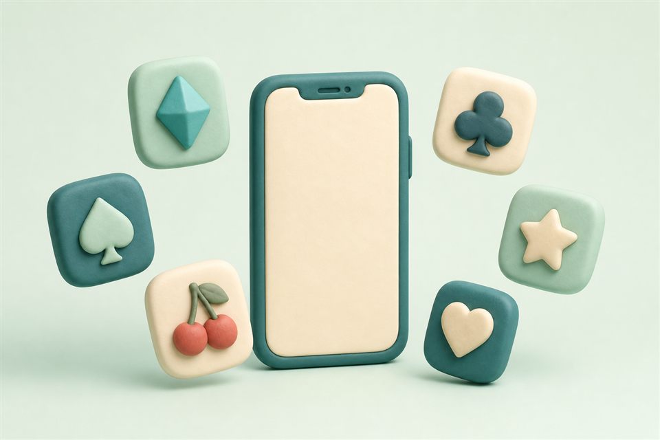 Soft pastel illustration of a smartphone surrounded by rounded game tiles